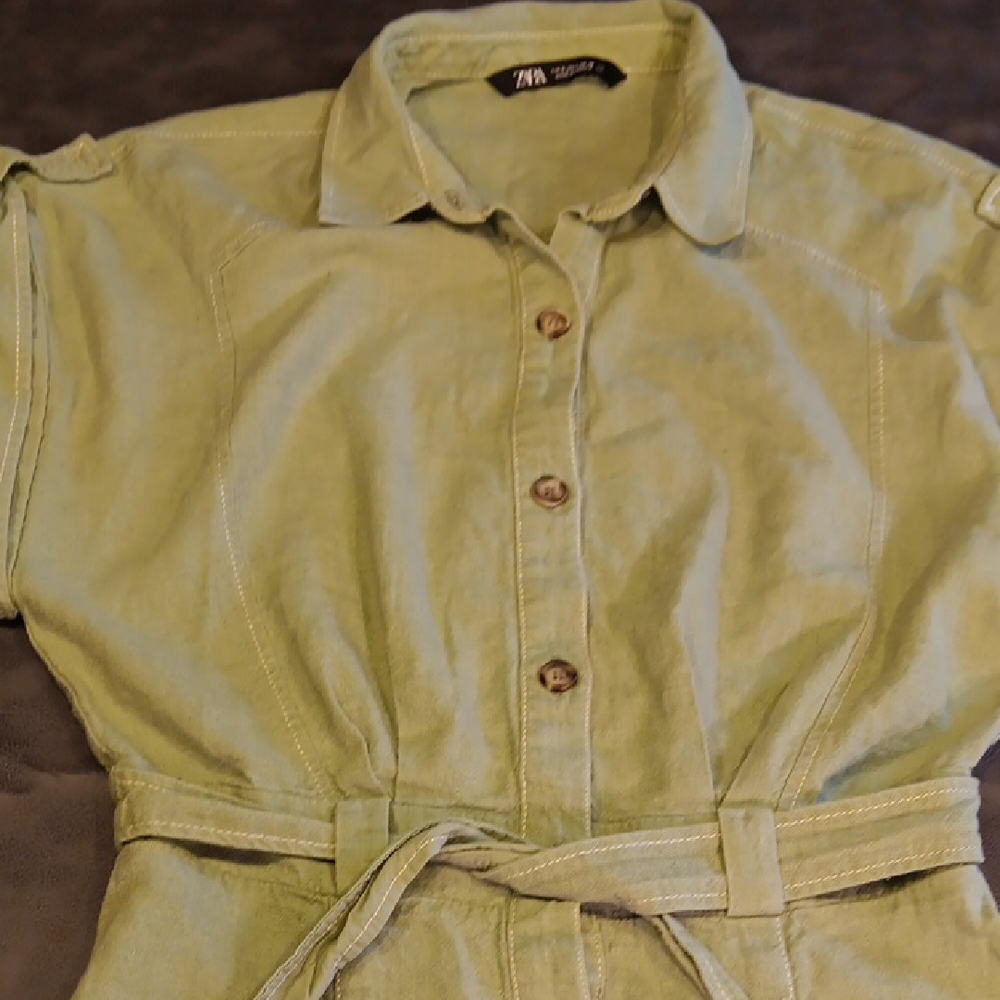 Zara Sage Green Linen Blend Romper With Tie Belt - Picture 3 of 13